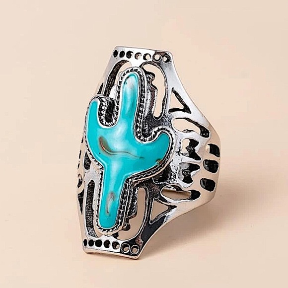 BOHO SILVER TURQUOISE CACTUS RING - Picture 1 of 3